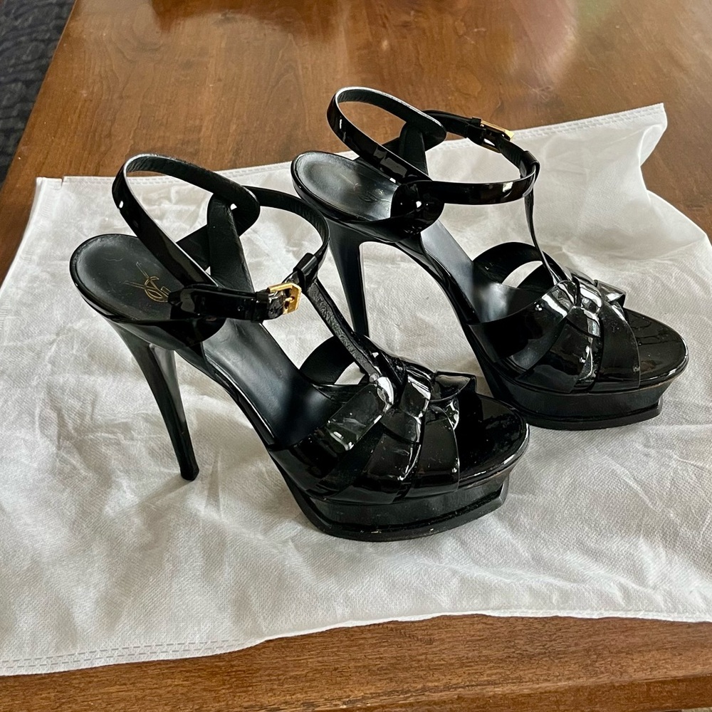 Yves Saint Laurent Tribute Black Patent Leather Platform High Heel Sandals
